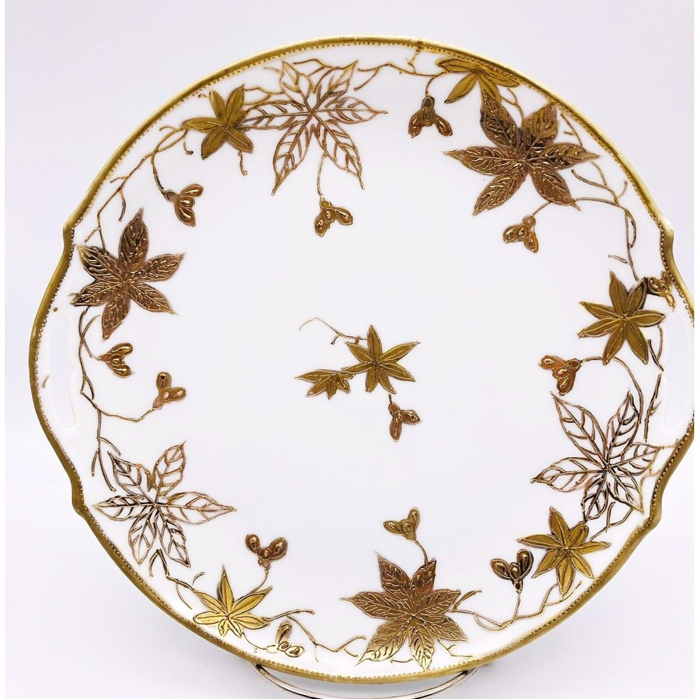 Vintage Japan Plate Hand Painted Gold Flowers Moriage Cake Plate Handles A142
